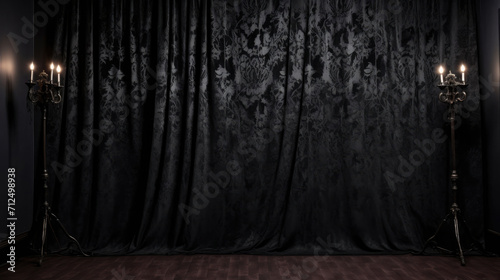 Dark theme photography studio backdrop with vintage chair and sofa, perfect for professional portrait and product shoots.