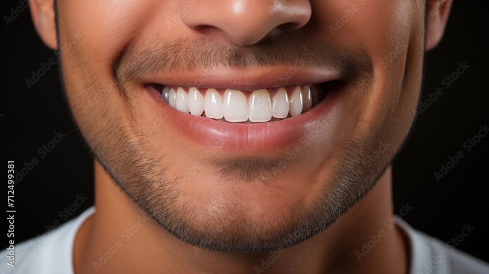 Young man with beautiful smile on grey background. Teeth whitening 