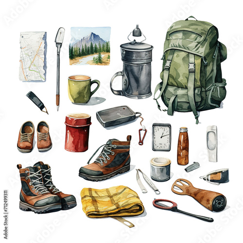 Watercolor Clipart of Hiking and trekking element and equipment
