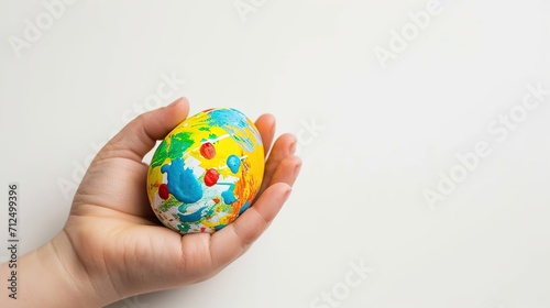 Kid hands holding painting Easter eggs. Hand with egg isolated on white background. Easter holiday concept. Close up  selective focus