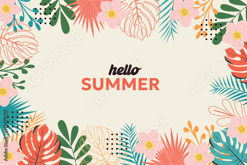 Summer abstract background, banner, poster with tropical leaves. Colorful background with tropical plants and flowers. Modern trendy colorful design. Vector template for social media posts.