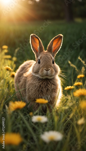 Cute rabbit on green lawn with daisies at sunset bunny on walk