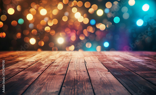 Wooden plank background with blurred lights effect