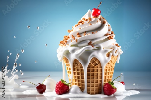 soft serve ice cream cone nut and cherry topping with copy space photo