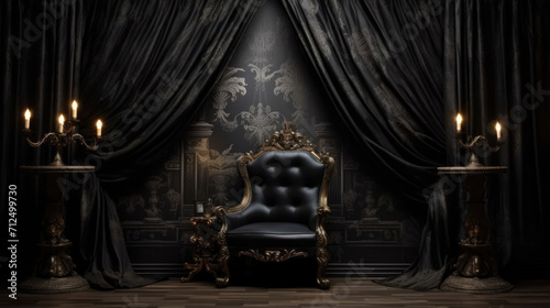 Dark theme photography studio backdrop with vintage chair and sofa, perfect for professional portrait and product shoots.