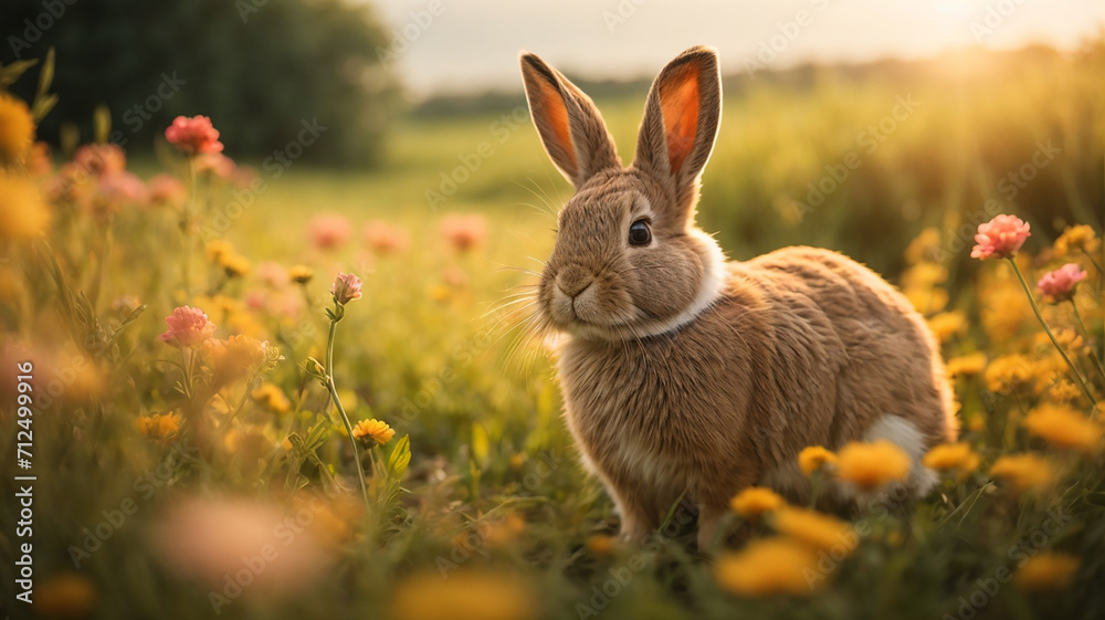 Cute rabbit on green lawn with daisies at sunset bunny on walk