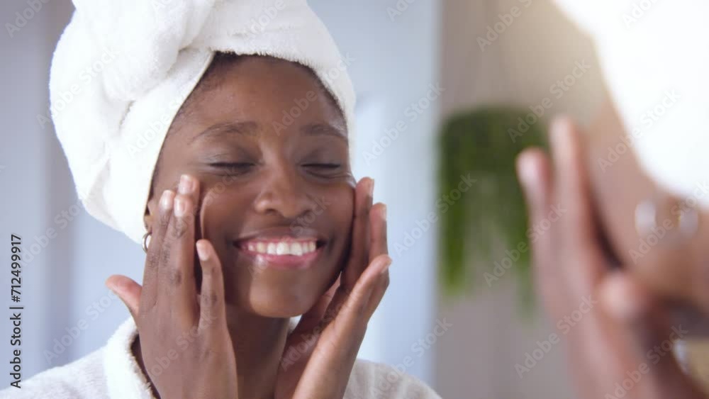 Skincare, face and cosmetic cream of an happy woman using facial beauty products for morning self care. Female with a smile health and wellness in a home bathroom.