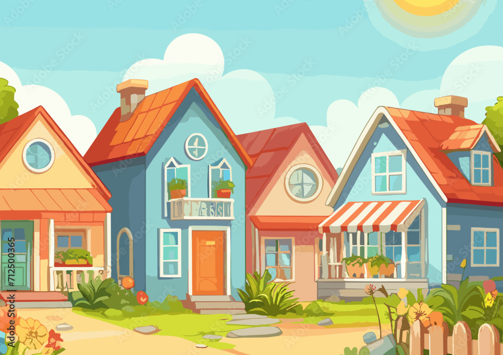 Cartoon vector drawing. Dollhouse, Summer day small colored houses on the street of a small town.