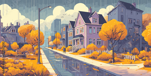 Cartoon drawing of a street with small colored houses, Autumn, it's raining. Graphic ink drawing