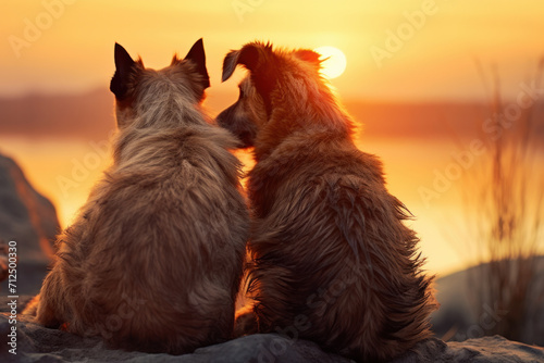 Two romantic dogs in love watching the sunset on a lake. Concept of Valentines Day