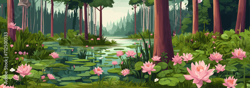 Cartoon style Beautiful forest landscape with pond and lotus flowers. Vector illustration