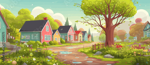 Cartoon vector drawing. Summer day small colored houses on the street of a small town.