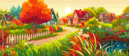 Cartoon style. a village street with small houses in autumn. yellow and red trees, the sun is shining Vector graphics