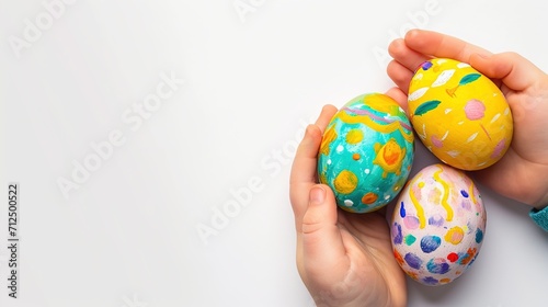 Kid hands holding painting Easter eggs. Hand with egg isolated on white background. Easter holiday concept. Close up, selective focus
