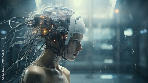 Humanoid robot woman in wires in head. Generative AI