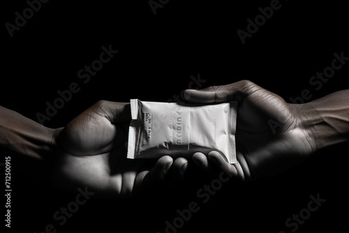 Packet with white narcotic in hand on black background, monochrome  photo