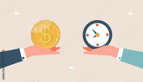 Time is money, long-term return on investment, pension fund concept, interest income from investment or deposit, successful time management to achieve reward, large hands holding dollar coin and clock