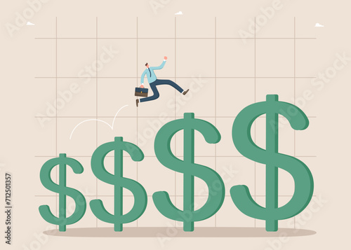 Increasing income and wages, financial growth, improving the economy, profitability of the investment portfolio, growth of dollar currency, reduction in inflation, man runs up to schedule with dollars