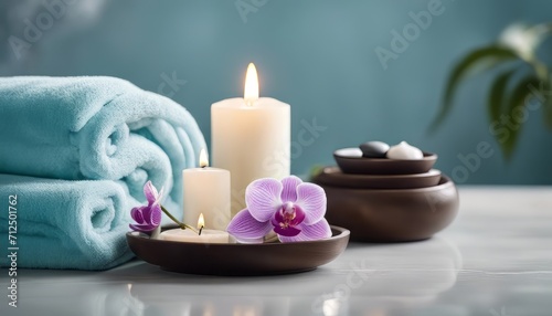 Spa salon light blue composition in wellness center. Spa still life background with aromatic candle