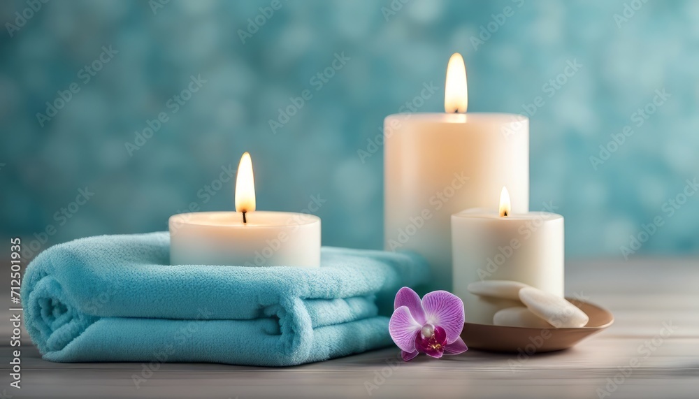 Spa salon light blue composition in wellness center. Spa still life background with aromatic candle Spa salon light blue composition in wellness center. Spa still life background with aromatic candle