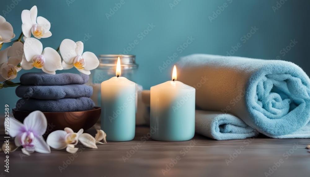 Spa salon light blue composition in wellness center. Spa still life background with aromatic candle