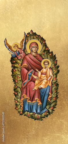 Traditional orthodox icon of Burning bush. Christian antique illustration on golden background in Byzantine style