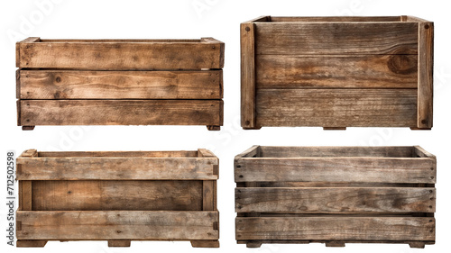 Set of old weathered wooden crate boxes, cut out photo