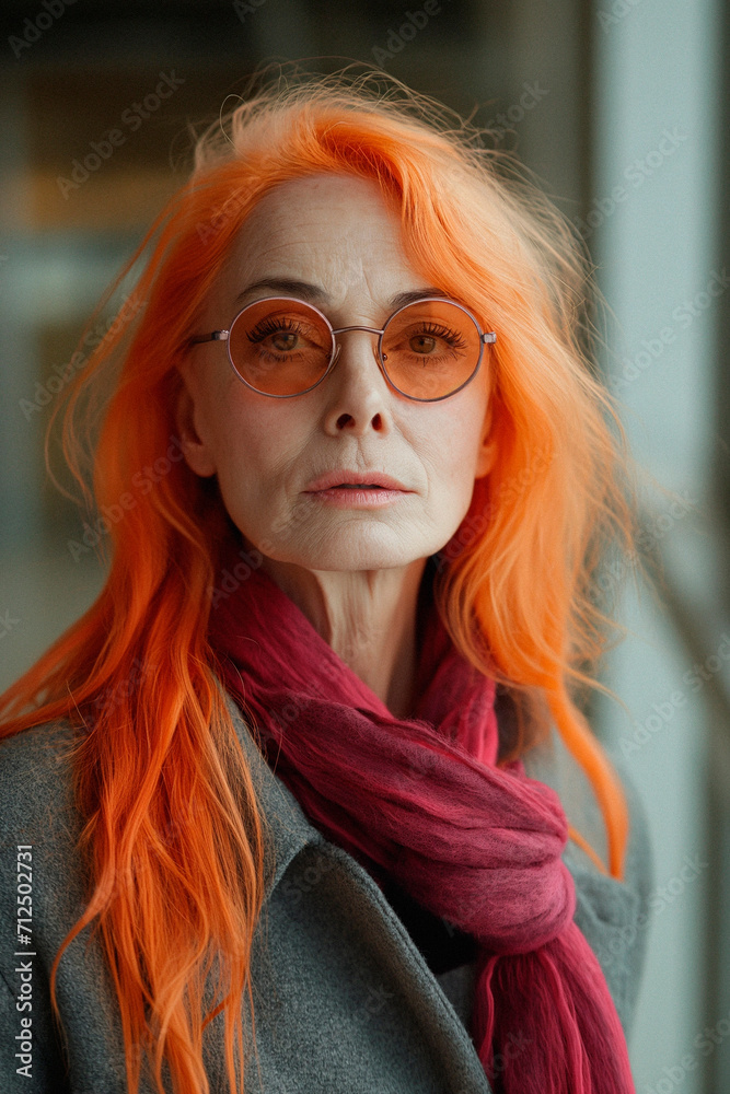 Portrait of a sixty year old woman looking at camera with orange painted hair and modern glasses dressed in elegant and modern Portrait of a sixty year old woman looking at camera with orange painted hair and modern glasses dressed in elegant and modern