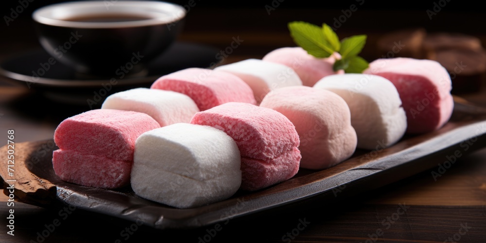 Mochi on japanese wooden plate. ai generated Mochi on japanese wooden plate. ai generated