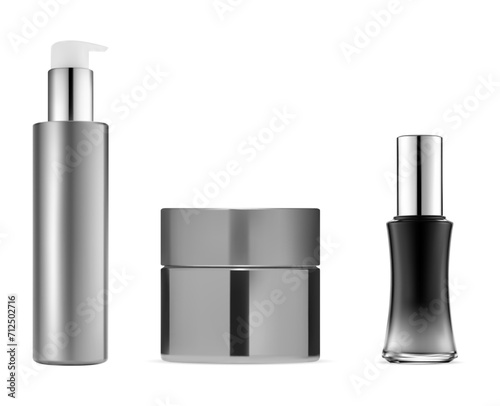 Cosmetic bottle collection. Cream jar mockup, clear plastic blank. Realistic pump bottle for moisturizer, airless container mock up. Small face care serum dropper black flacon