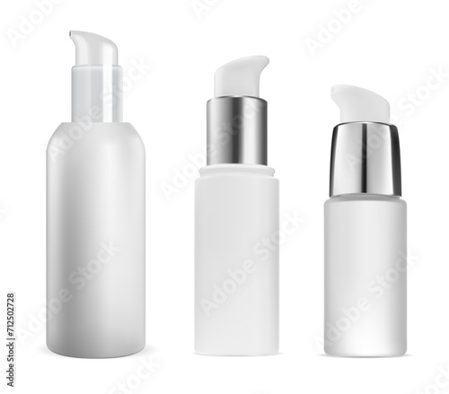 Airless pump bottle. Small moisturizer container mockup. Makeup foundation cream bottle blank. Face cleansing liquid dispenser packaging. Serum moisturizer or conditioner pack
