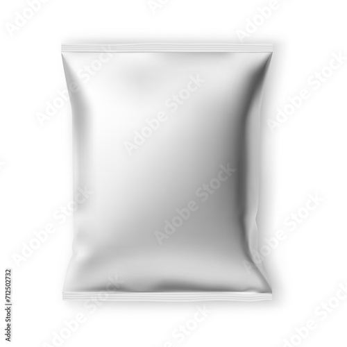 Potato chips foil packaging mockup. Chip snack pouch design, isolated on white background. Elegant silver sachet template for tasty appetizing slice, creative 3d package design