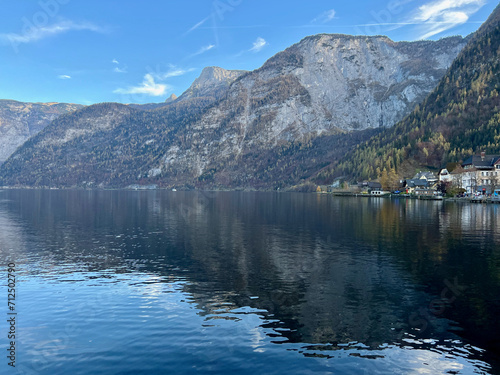 The renowned village of Hallstatt, seen across the lake from the Hallstatt Skywalk island, in Hallstatt, Austria.