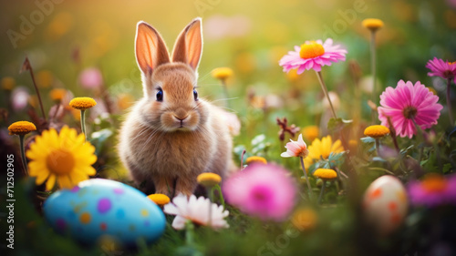 Cute bunny among flowers in the meadow