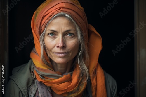 Portrait of a middle-aged woman in a headscarf.