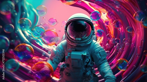 Astronaut wear space suit and standing on the colorful bubbles galaxy.
