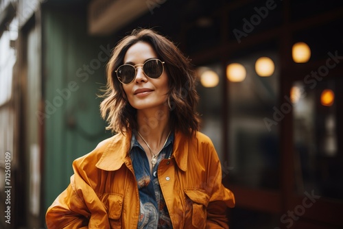 Portrait of a beautiful young woman in a yellow coat and sunglasses. © Igor