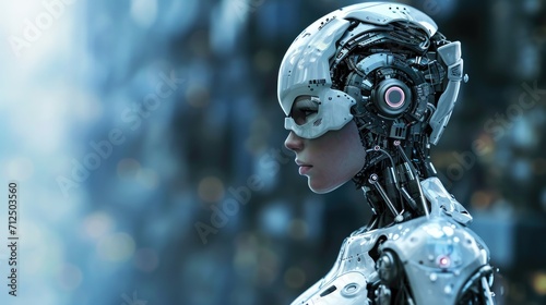 Humanoid robot in futuristic cyberspace with blurred background