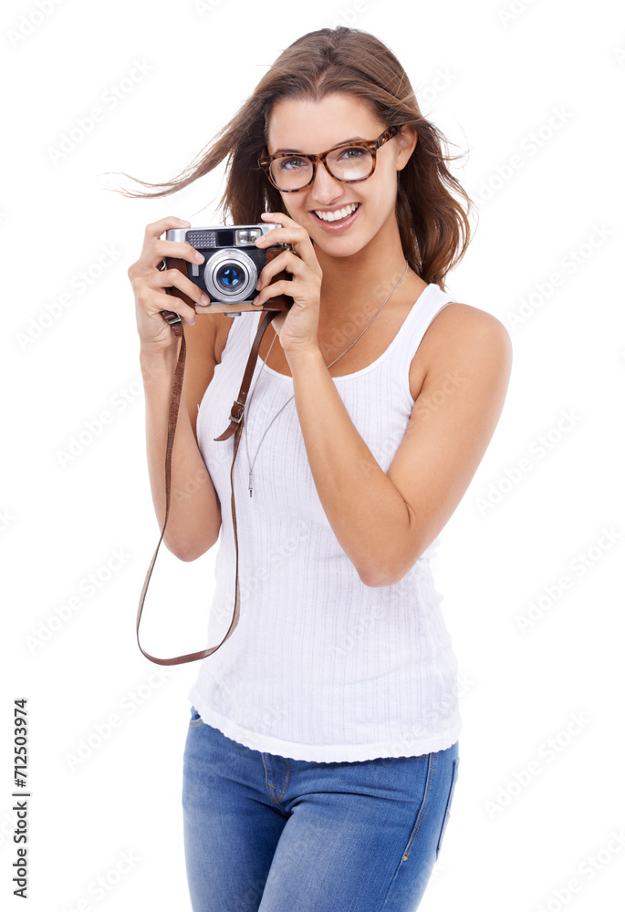 Photographer, portrait or happy woman with retro camera for photoshoot, art blog or creative production in studio on white background. Journalist, photography or content creator of paparazzi magazine Photographer, portrait or happy woman with retro camera for photoshoot, art blog or creative production in studio on white background. Journalist, photography or content creator of paparazzi magazine