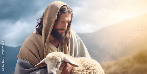 Fotografiet Jesus recovered lost sheep carrying it in his arms