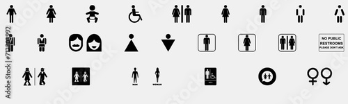 Toilet line icon set. WC sign. Men,women,mother with baby and handicap symbol. Restroom for male, female, transgender, disabled. Vector graphics