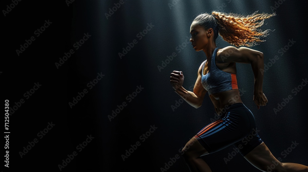 A strong athletic, woman sprinter, running on black background wearing in the sportswear, fitness and sport motivation, generative ai
