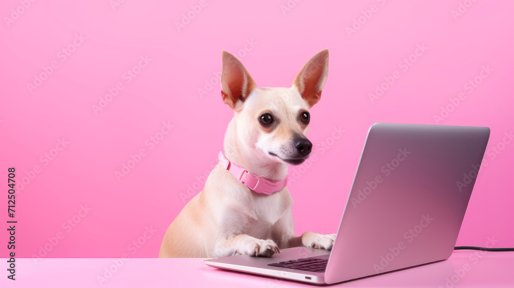 a small white dog is working at a laptop on a pink background