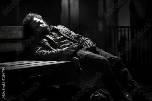 Poor homeless man or refugee sleeping on the wooden bench on the urban street in the city, social documentary concept, selective focus, black and white 