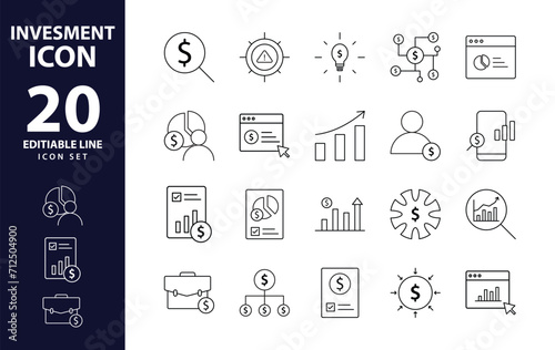Investment line icon set. Investment, Profit, Asset, Investor, Portfolio, Dividend, Capital, Risk, Inflation icons vector, icon, analysis, asset, bond, economy, education, estate, finance, fund, gain,