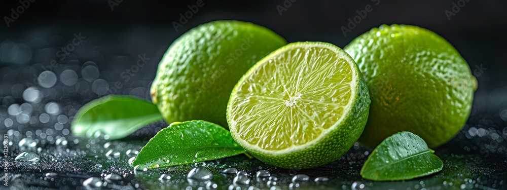 A close-up photo of three limes resting on a dark, textured surface. The limes are a vibrant green color with smooth, waxy skin. Tiny dewdrops cling to the limes' dimpled rinds A close-up photo of three limes resting on a dark, textured surface. The limes are a vibrant green color with smooth, waxy skin. Tiny dewdrops cling to the limes' dimpled rinds