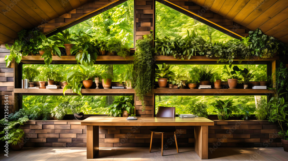 Botanical Haven: Outdoor Wooden Plant Display with Beautiful Foliage, Greenery, and Natural Design.