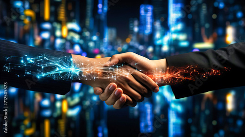 Digital Partnership: Double Exposure Handshake Symbolizing Success and Cooperation in the Cyber World photo