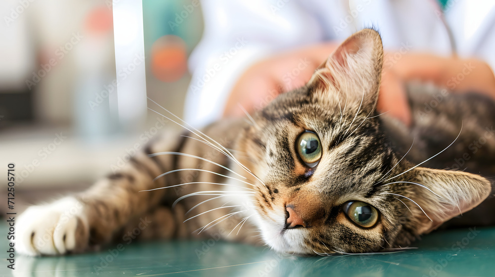 Female veterinarian holds sick cat close-up. Diagnostics of pets health clinic concept
