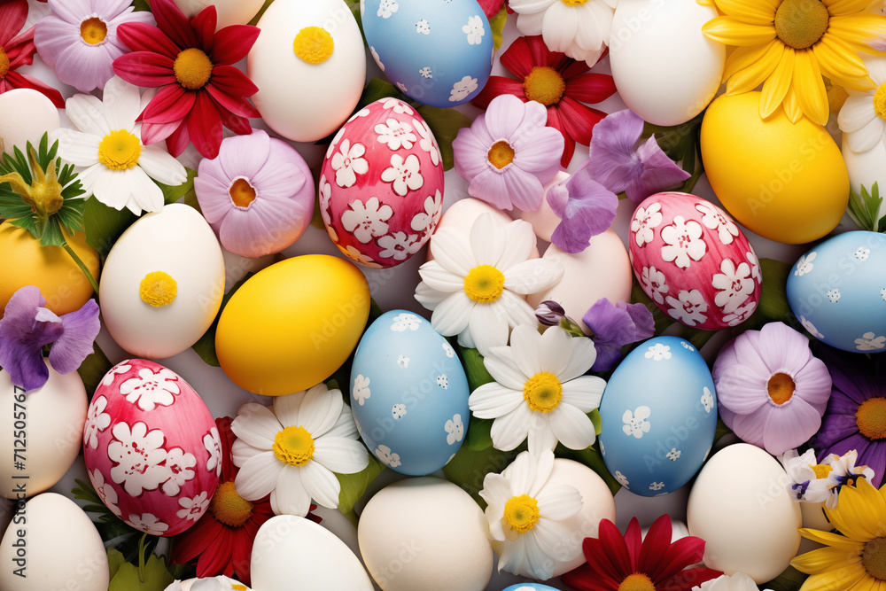 Colorful Easter eggs and flowers on a white background. Happy Easter Card